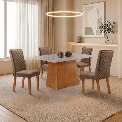 Mesa de Jantar Aida 4 Lugares MDF Cadeiras Lira Veludo Off White 120CM Moderna