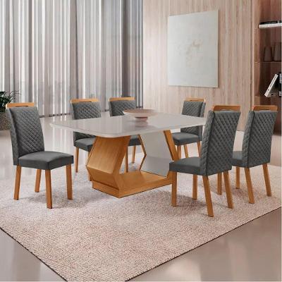 Mesa Alvorada 6 Lugares Tampo Vidro com Cadeiras Lorena Linho Off White Moderna