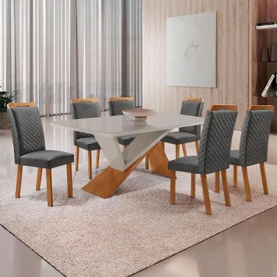 Mesa Jantar Yasmin 6 Lugares Vidro Serigrafado Cadeiras Lorena Linho Off White Moderna