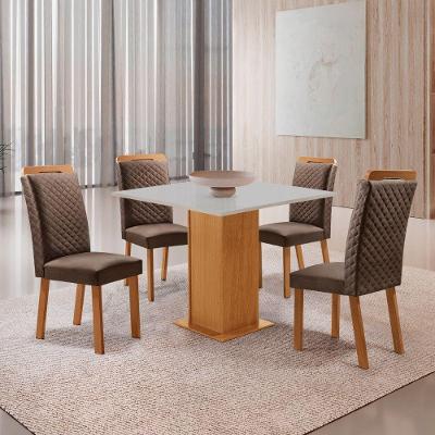 Mesa Jantar Loren 4 Lugares MDF Cadeiras Lorena Veludo Marrom 90cm Moderna