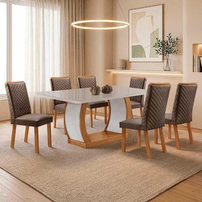 Mesa Milena 6 Lugares MDF Vidro Serigrafado Cadeiras Lira Veludo Off White Moderna