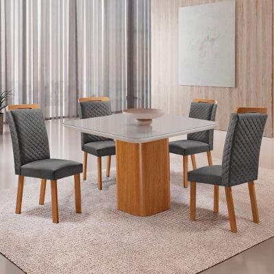 Mesa de Jantar Eloise 4 Lugares MDF Vidro com Cadeiras Lorena Linho Off White Moderna