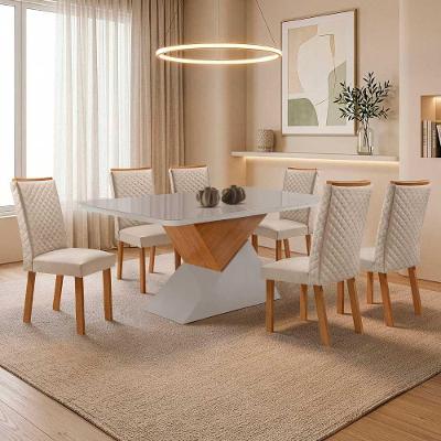 Mesa de Jantar Aster 6 Lugares MDF Vidro Cadeiras Lira Veludo Off White 180CM Moderna