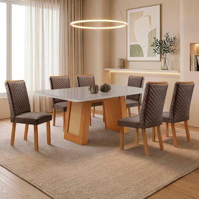 Mesa de Jantar Carolina 6 Lugares MDF e Vidro Cadeiras Veludo Off White Moderna