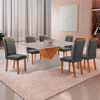 Mesa Aster Lorena 6 Lugares Vidro Serigrafado Cadeiras Linho Off White 180CM Moderna