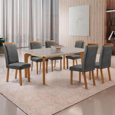 Mesa Jantar Liz 6 Lugares Vidro Serigrafado com Cadeiras Lorena Linho Off White Moderna