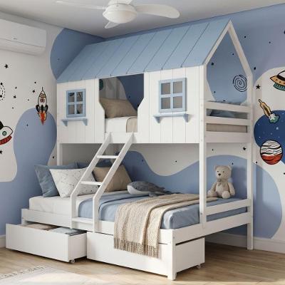 Beliche Casal Casinha Encantada 2 Gavetas Madeira Maciça Branco e Azul Housin