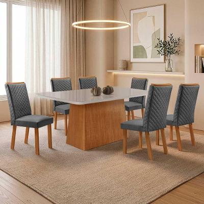 Mesa de Jantar Aida 6 Lugares MDF com Cadeiras Lira Linho Off White 180CM Moderna