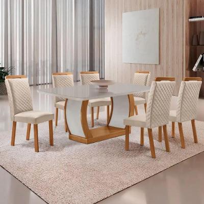 Mesa Jantar Milena 6 Lugares MDF Vidro Cadeiras Lorena Veludo Off White 180cm Moderna