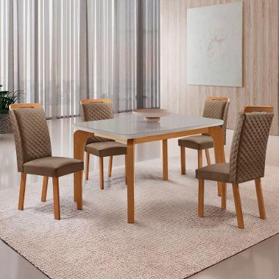 Mesa de Jantar Liz 4 Lugares Tampo MDF Vidro Cadeiras Veludo Off White 120cm Moderna