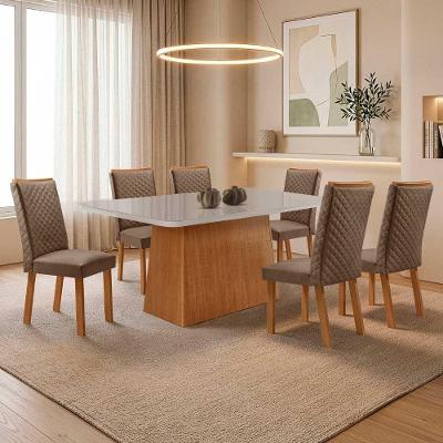 Mesa de Jantar Aida 6 Lugares MDF Vidro Serigrafado Off White 180CM Moderna