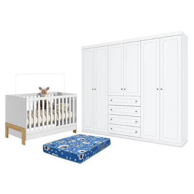 Kit Berço Mini Cama Fantasia 6 Portas 4 Gavetas MDP-MDF Branco Qmovi