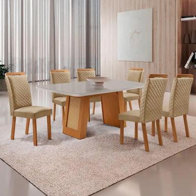 Mesa Jantar Carolina Lorena 6 Lugares MDF Vidro Off White 180CM Moderna