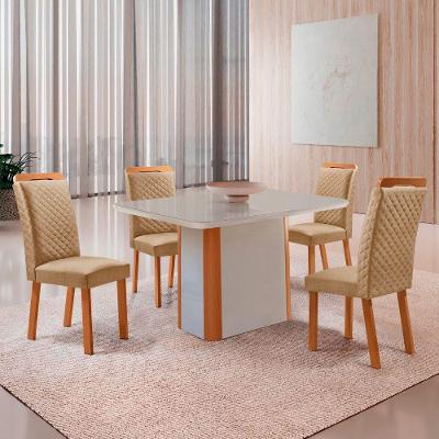 Mesa de Jantar Isadora 4 Lugares MDF Vidro Serigrafado Off White 120CM Moderna