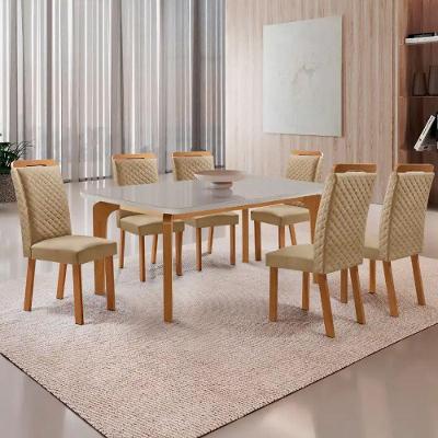Mesa de Jantar Liz 6 Lugares Vidro Serigrafado com Cadeiras Lorena Off White Moderna