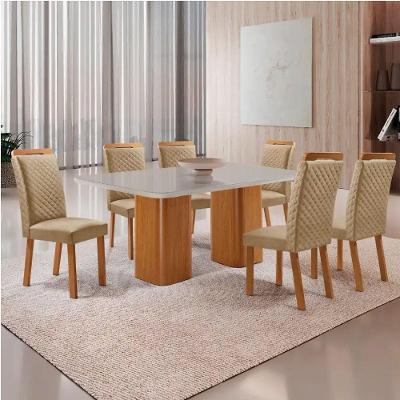 Mesa Jantar Eloise 6 Lugares Vidro Serigrafado com Cadeiras Lorena Off White Moderna
