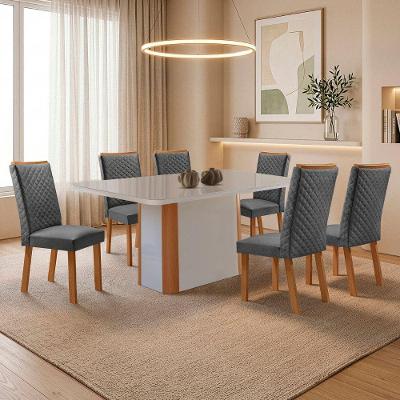 Mesa Isadora 6 Lugares MDF com Cadeiras Lira Linho Off White 180CM Moderna