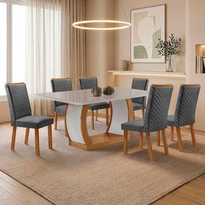 Mesa Milena 6 Lugares MDF Vidro Serigrafado Base em V com Cadeiras Lira Off White Moderna