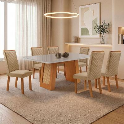 Mesa de Jantar Carolina 6 Lugares MDF e Vidro Off White 180CM Moderna