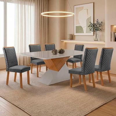 Mesa Aster 6 Lugares MDF Vidro Serigrafado Cadeiras Lira Linho Off White Moderna