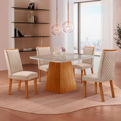 Mesa de Jantar Aida Lira 4 Lugares MDF Vidro Off White 90CM Moderna