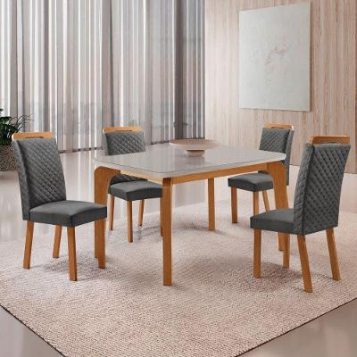 Mesa Liz 4 Lugares Tampo MDF Vidro Cadeiras Lorena Linho Off White 120CM Moderna