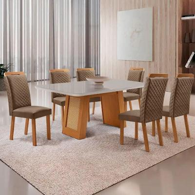 Mesa Jantar Carolina 6 Lugares MDF Vidro Serigrafado Off White 180CM Moderna