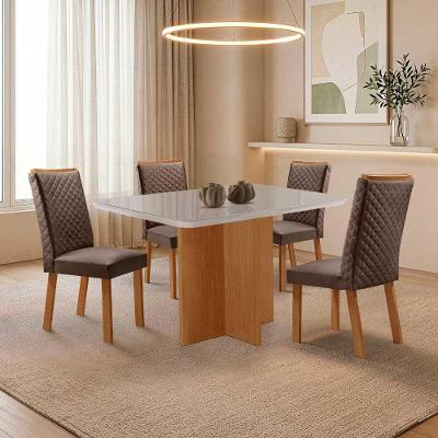 Mesa Olimpia 4 Lugares MDF e Vidro com Cadeiras Lira Veludo Off White 120CM Moderna