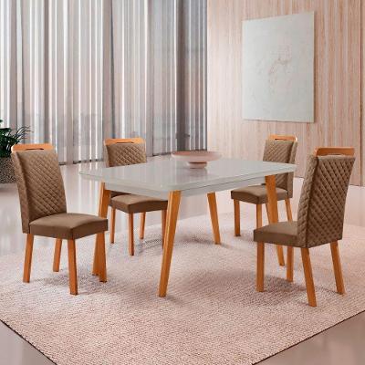 Mesa Jantar Copper Lorena 4 Lugares MDF Cadeiras Veludo Off White 120cm Moderna