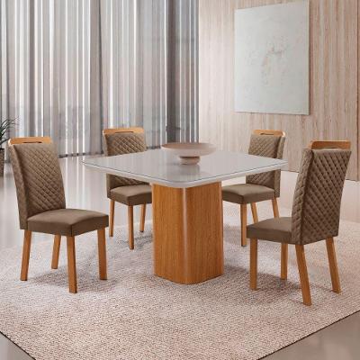 Mesa Jantar Eloise 4 Lugares MDF Vidro Cadeiras Lorena Veludo Off White Moderna