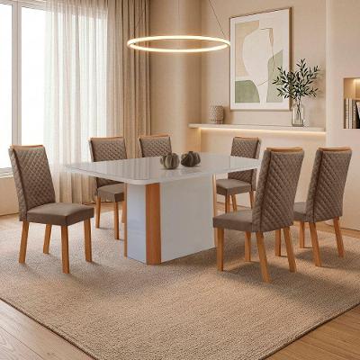 Mesa Isadora 6 Lugares MDF Cadeiras Lira Veludo Off White 180CM Moderna