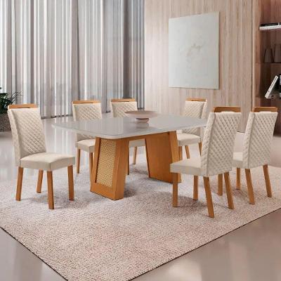 Mesa Jantar Carolina 6 Lugares MDF Vidro Serigrafado Off White 180CM Moderna