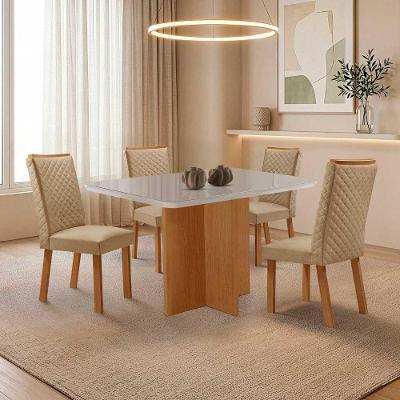 Mesa Jantar Olimpia 4 Lugares MDF e Vidro Serigrafado Off White 120CM Moderna