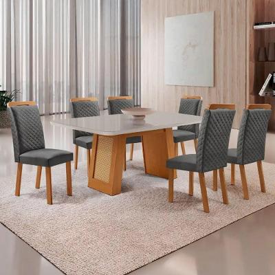 Mesa Jantar Carolina 6 Lugares MDF Vidro Serigrafado Cadeiras Lorena Off White 180CM Moderna