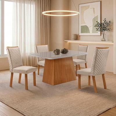 Mesa de Jantar Aida 4 Lugares MDF Serigrafado com Cadeiras Lira Veludo Off White Moderna