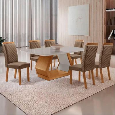 Mesa Alvorada 6 Lugares Vidro com Cadeiras Lorena Veludo Off White 180cm Moderna