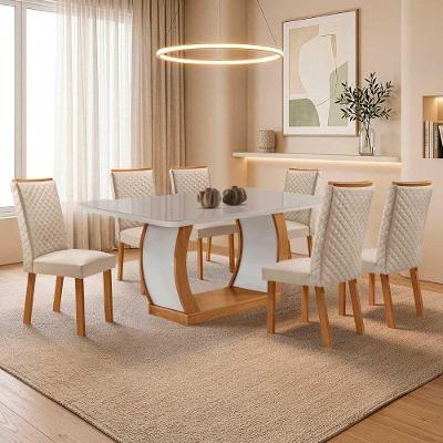 Mesa Milena 6 Lugares MDF Vidro Serigrafado Cadeiras Lira Veludo Off White Moderna