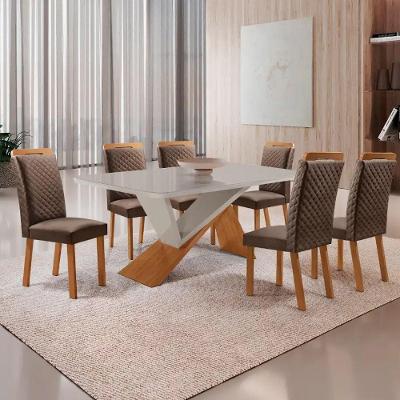 Mesa Jantar Yasmin 6 Lugares Vidro Cadeiras Lorena Veludo Off White 180CM Moderna