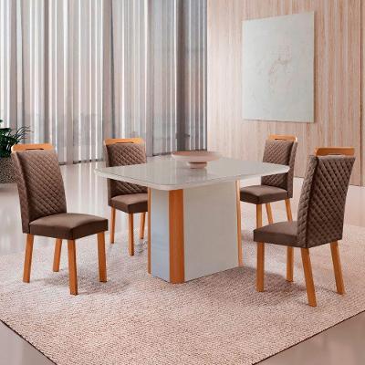 Mesa Jantar Isadora 4 Lugares MDF Vidro Serigrafado Cadeiras Lorena Off White Moderna
