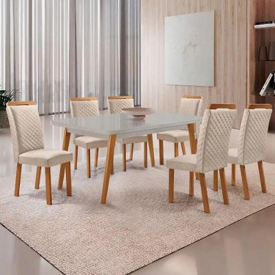 Mesa Copper 6 Lugares MDF Vidro Serigrafado Cadeiras Lorena Veludo Off White Moderna