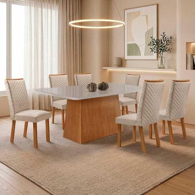Mesa de Jantar Aida 6 Lugares MDF Vidro Serigrafado Veludo Off White 180CM Moderna