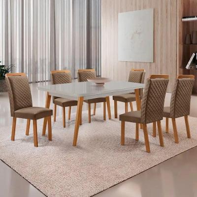 Mesa Copper 6 Lugares MDF Vidro Serigrafado Cadeiras Lorena Veludo Off White Moderna