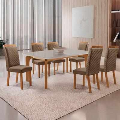 Mesa Jantar Liz 6 Lugares Vidro Serigrafado Cadeiras Veludo Off White 180CM Moderna