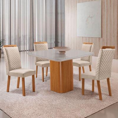 Mesa de Jantar Eloise 4 Lugares MDF Vidro com Cadeiras Lorena Veludo Off White Moderna