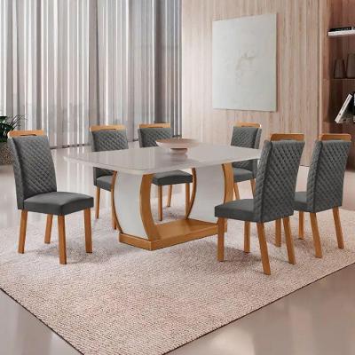 Mesa Jantar Milena 6 Lugares MDF Vidro Cadeiras Lorena Linho Off White 180CM Moderna