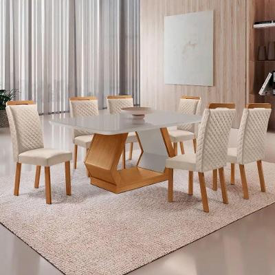 Mesa Alvorada 6 Lugares Vidro com Cadeiras Lorena Veludo Off White 180cm Moderna