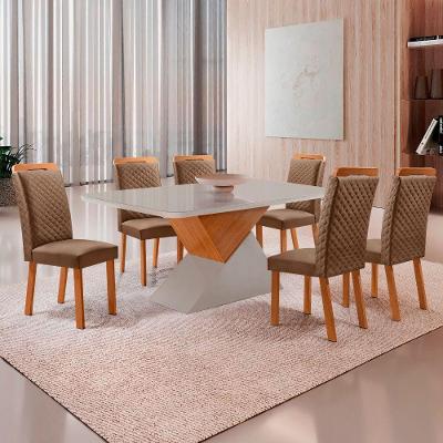 Mesa Aster Lorena 6 Lugares Vidro Serigrafado Cadeiras Veludo Off White 180CM Moderna