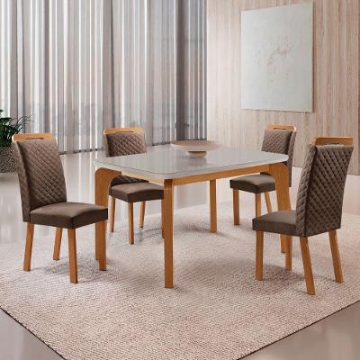 Mesa Jantar Liz 4 Lugares MDF Vidro Cadeiras Veludo Off White 120CM Moderna