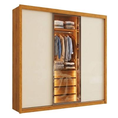 Guarda Roupa Casal Reflecta 3 Portas de Correr LED 4 Gavetas Madeirado e Off White