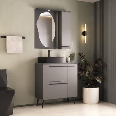 Gabinete Banheiro Cuba Espelheira LED CR10160 3 Portas MDP 80CM Grafite Multimóveis